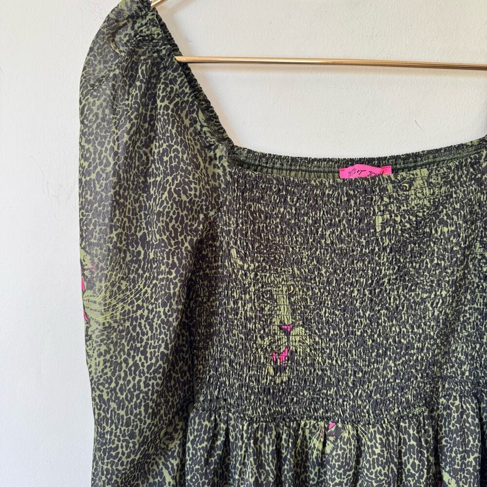 Betsy Johnson Green and Black Leopard animal Print Smocked Tiered Midi Dress S - Picture 5 of 12